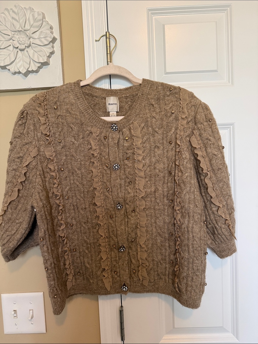 Maeve Beige Ruffled Cable-Knit Button Cardigan with Bead Accents